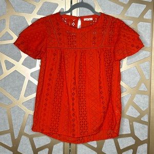 Pleione Blouse Red Orange Geometric Cap Sleeve‎